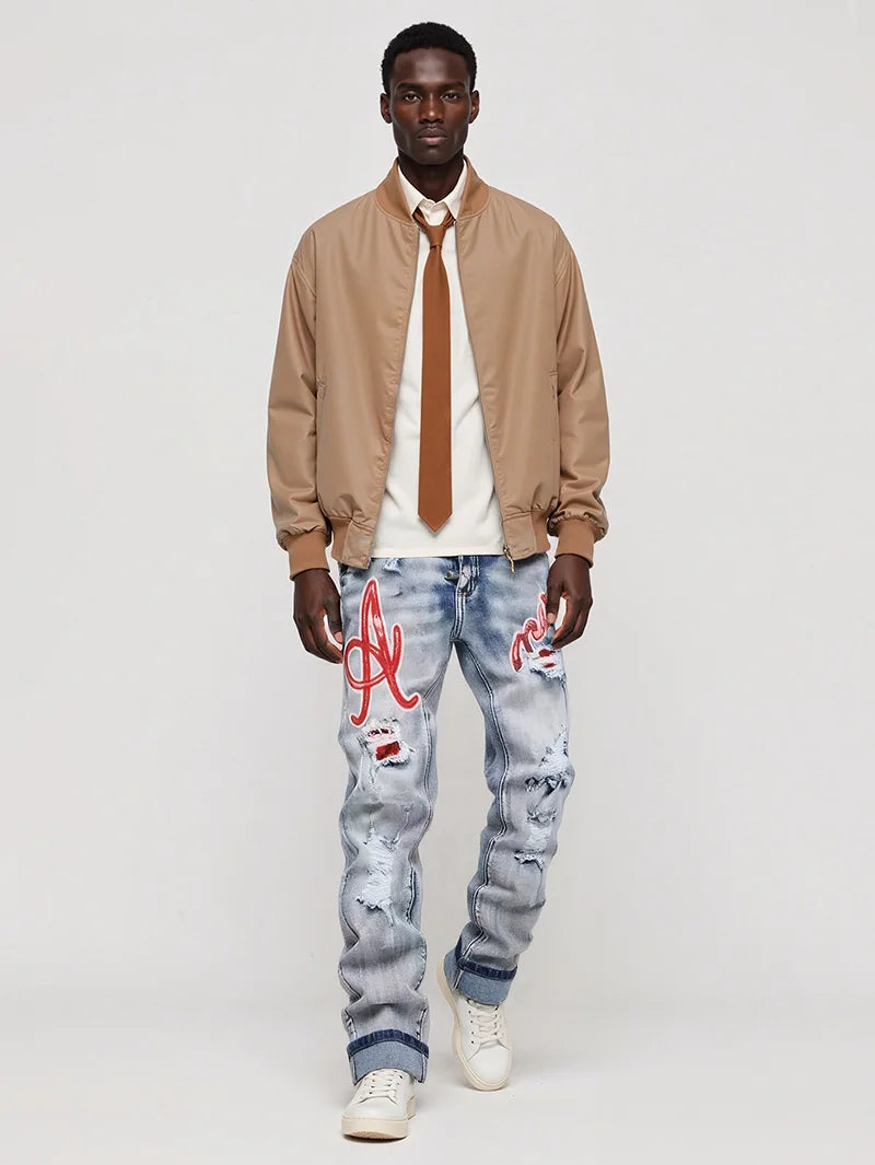 Men's Hip-Hop Style Distressed Holes Jeans Wash Ripped Pants with Red Embroidered Patches Casual Trendy Streetwear Trousers
