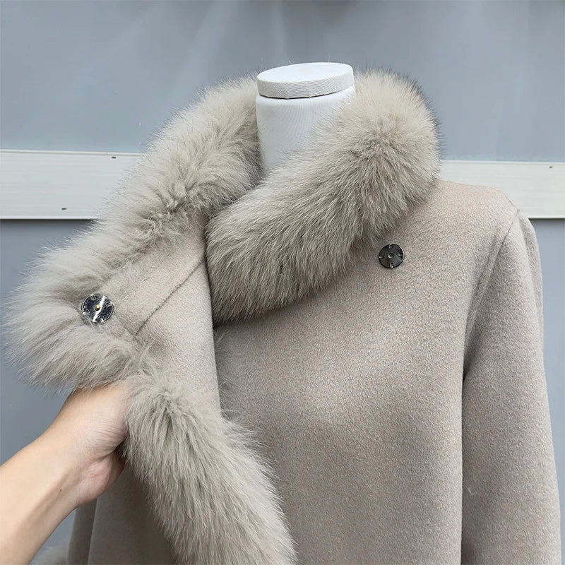 Fashion Natural Winter Fur Coat Real Fox Fur Collar Cashmere Wool Woolen Women Jacket Luxury Outwear New Ladies Female Coat