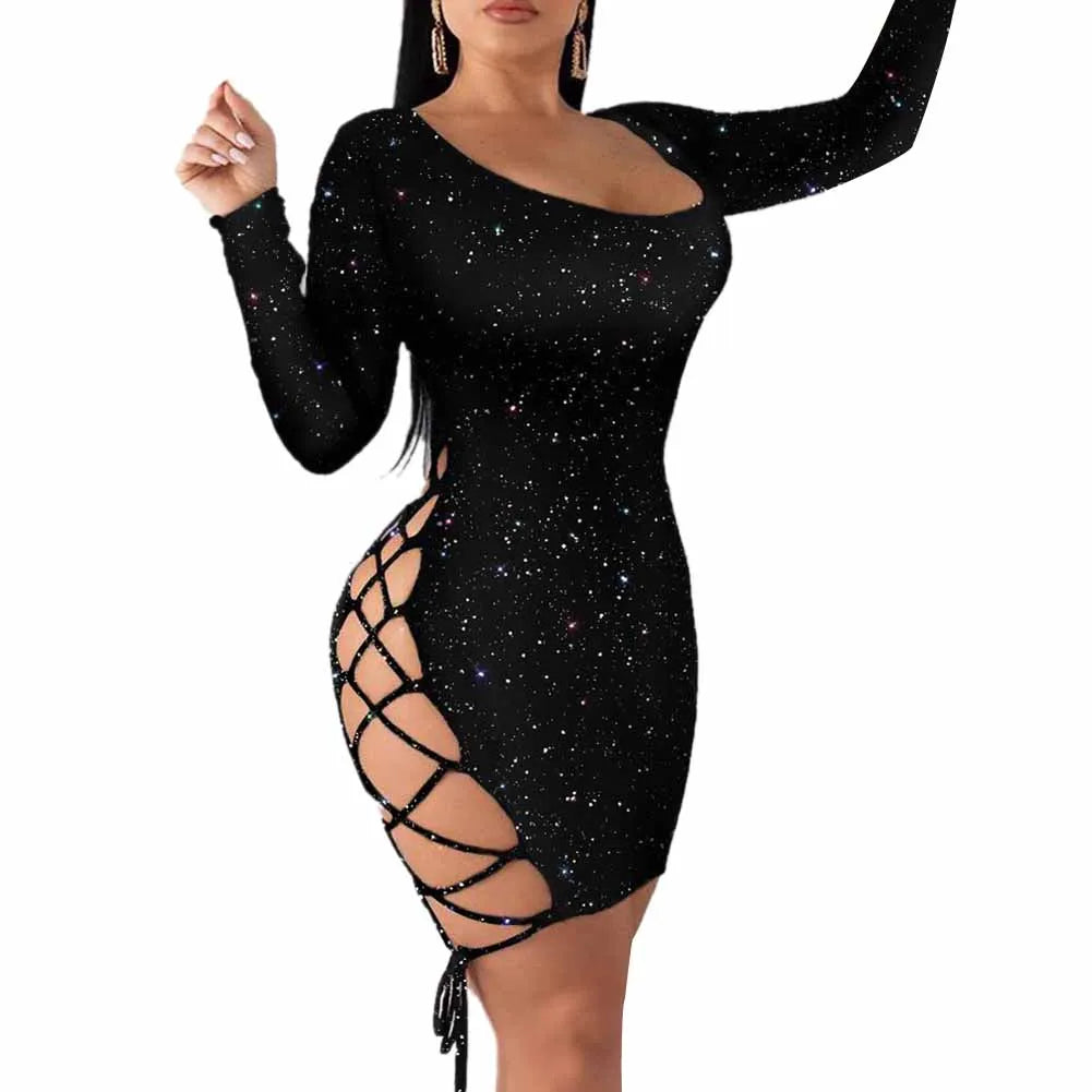 Women Dress Gown Black Long Sleeve  Sexy Lady Bodycon Hollow Short Dresses Party Night Club Summer Vestido