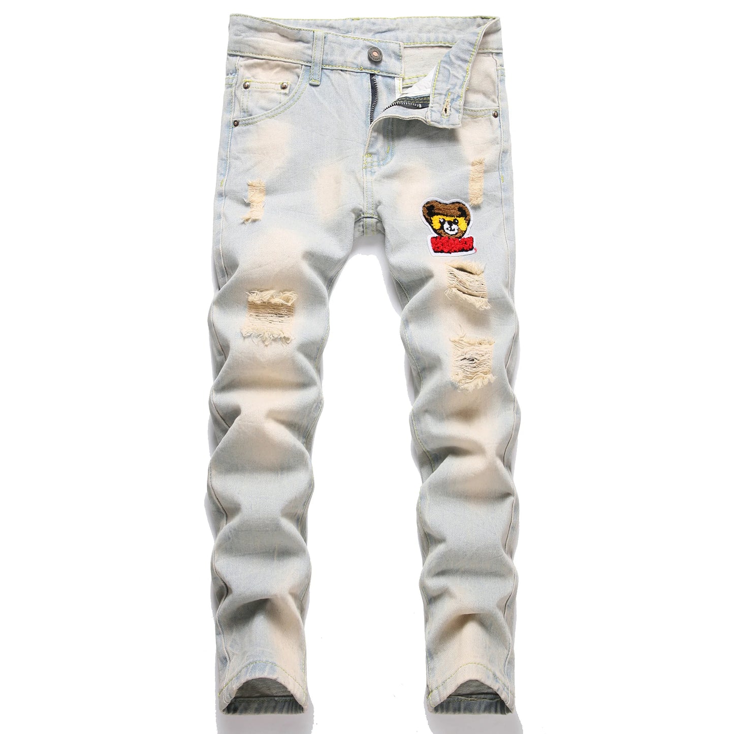Boys' Cartoon Straight-leg Ripped Jeans Children Washed Non-stretch Denim Trousers Big Kids Casual Pants