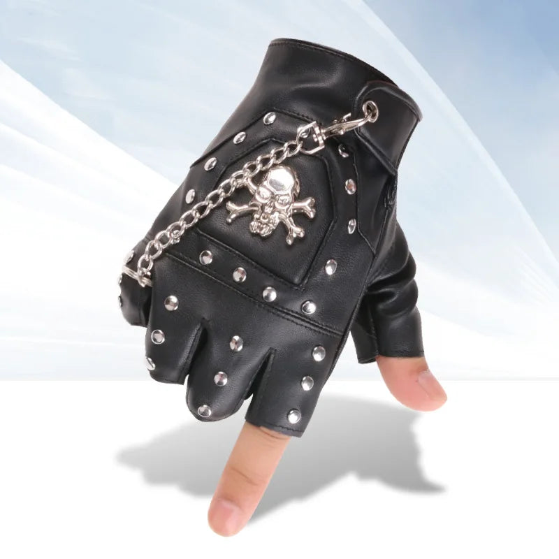 Skull Gloves Street Dance Men Fashion Punk Chain Gloves Nightclub Performance Youth Women Bracelet PU Leather Half Finger Gloves