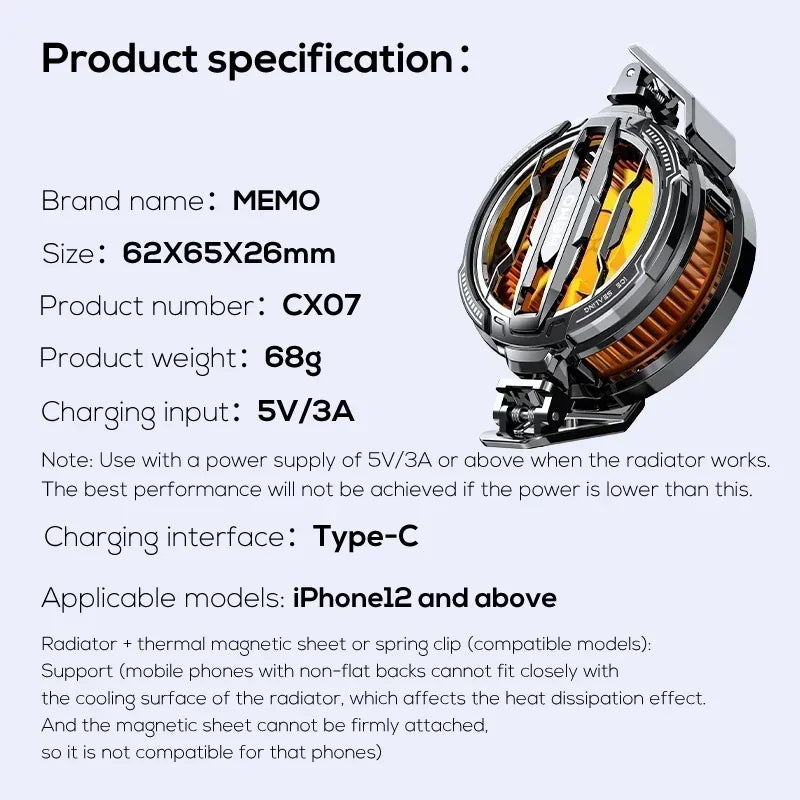 Magnetic Back Clip Universal 2 IN 1 MEMO CX08 CX07 Phone Cooler Semiconductor Cooling Fan Freeze Radiator for iOS Android PUBG