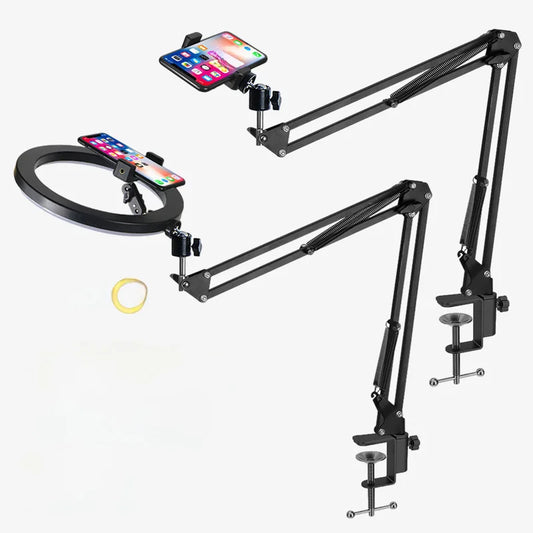 Phone Holder for Recording Videos Desktop Live Streaming Stand with Ring Light & LED Fill Light Makeup Down Photography