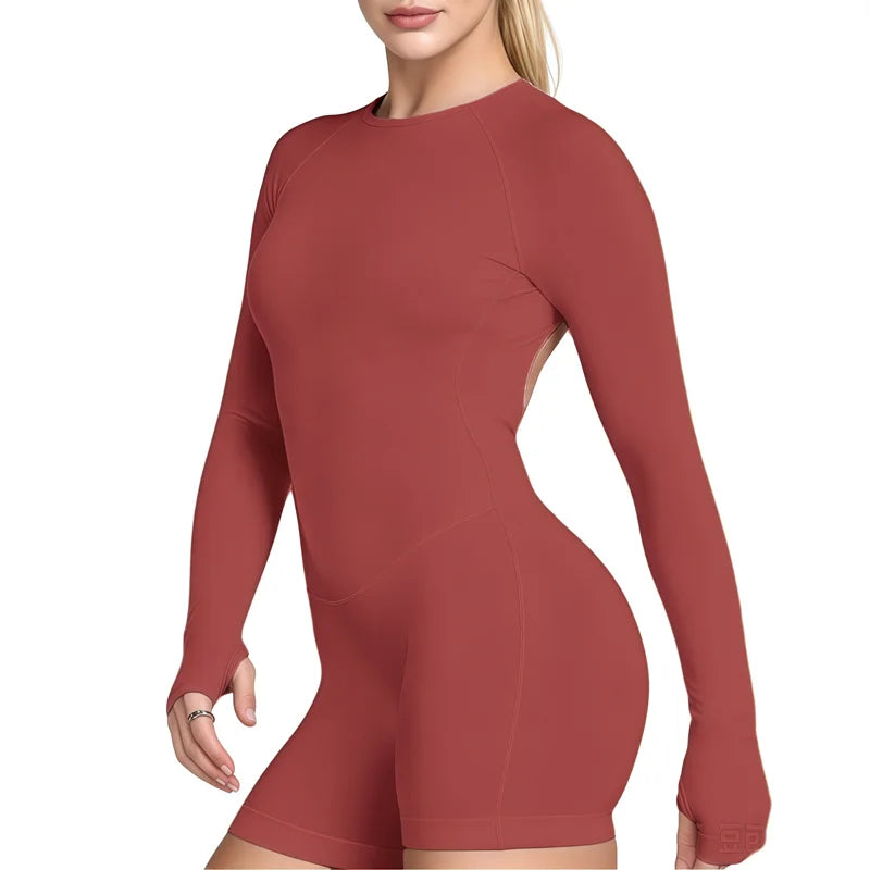 Gym Bodysuit Long Sleeve One Piece Women Hollow Back Bodycon Yoga Fitness Slim Fit Running Workout Backless Sports Jumpsuit