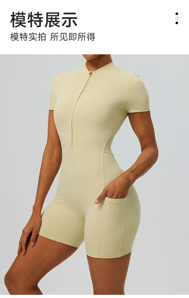 Women's zipper short sleeved yoga jumpsuit with functional pockets for hip lifting and tight fitting sports jumpsuit shorts