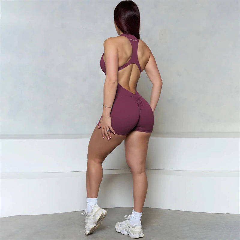 Women Bum Sleeveless ZIPPER Scrunch Butt Romper Women Sporty Jumpsuit Lycra Short Fitness Gym Overall New Workout Clothes