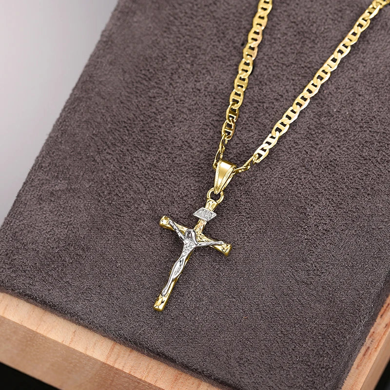 Huitan Religious Cross Pendant Necklace for Women/Men Two Tone Plated New Trendy Boys Girls Necklace Hip Hop Rock Neck Jewelry