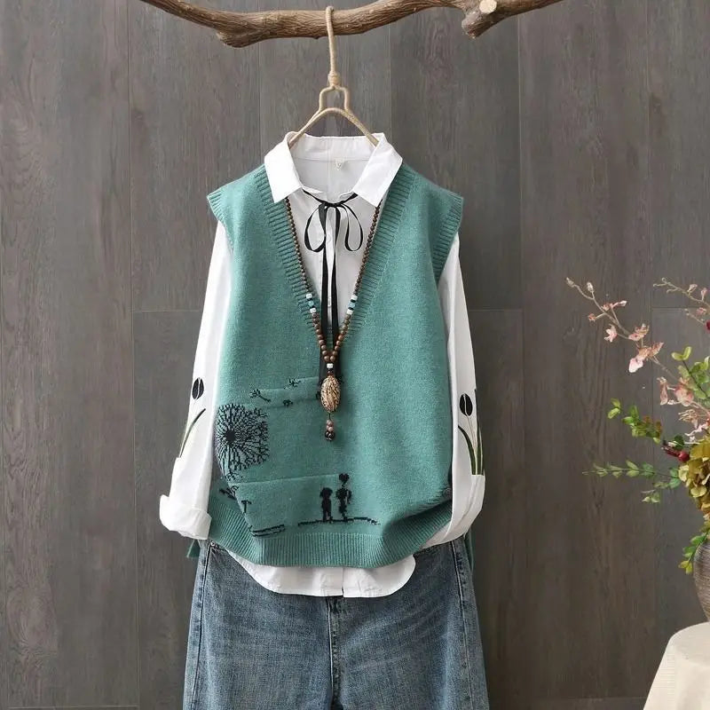2023 Spring and Autumn New Korean V-neck Knitted Tank Top for Women's Casual Loose Sleeveless Age Reducing Top
