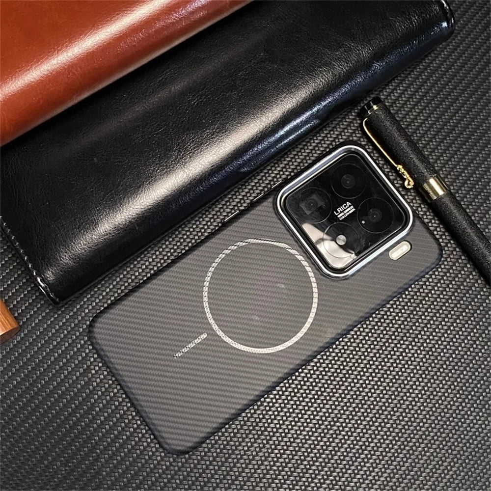 Ultra thin Carbon Fibre Pattern Metal Lens Frame Case for Xiaomi Mi 15 Pro Mi 14 Magnetic Wireless Charging Hard PC Slim Cover