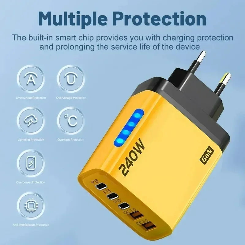 5 in 1 GaN Desktop Charger 240W Fast Charging Adapter 10A USB To TypeC Cable 3PD 2 USB Charger For IPhone 16 15pro Laptop 2026