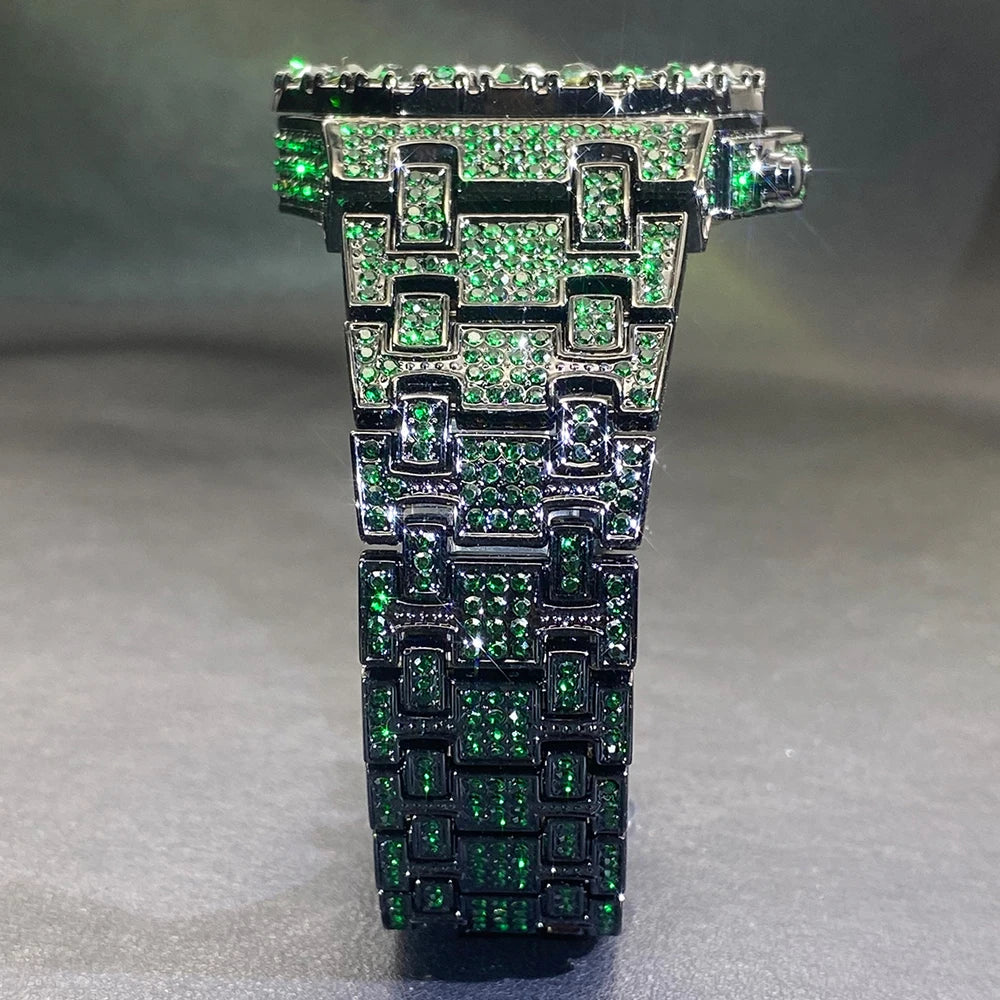 MISSFOX Hip Hop Wristwatch For Men Luxury lce Out Full Diamond Watches Fashion Green Watch Wterproof Week Display Clock 2025