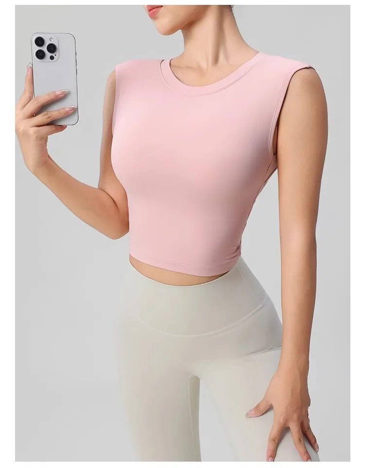 Women's Backless Fitness Clothes with Fixed Chest Pad Beautiful Top Short Sleeve Dance Sport  T-Shirt Yoga Wear