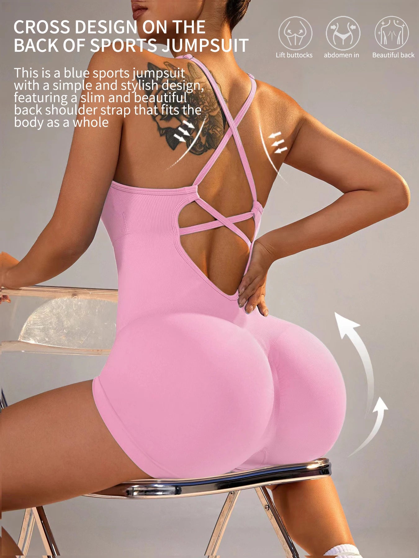 Women's Sexy Fitness Jumpsuit Cross Adjustable Sports Playsuit One Piece Yoga Suit with Scrunch Shorts And Backless Design