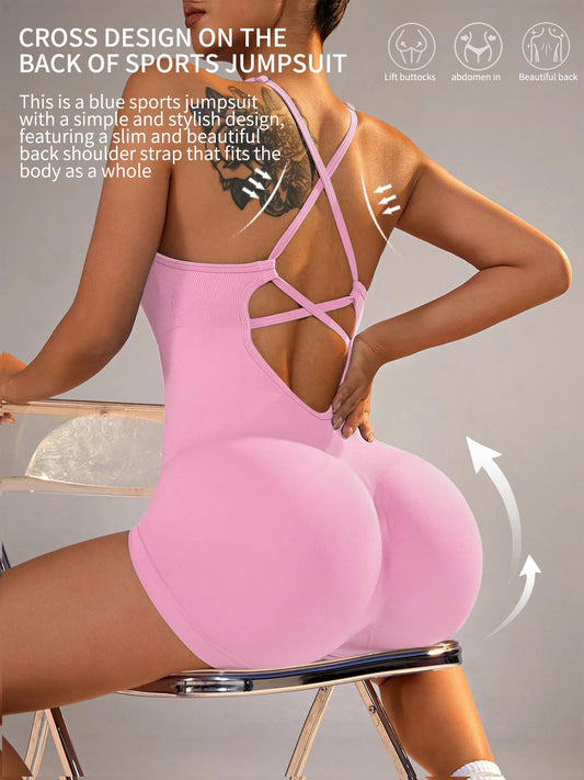 Women's Sexy Fitness Jumpsuit Cross Adjustable Sports Playsuit One Piece Yoga Suit with Scrunch Shorts And Backless Design