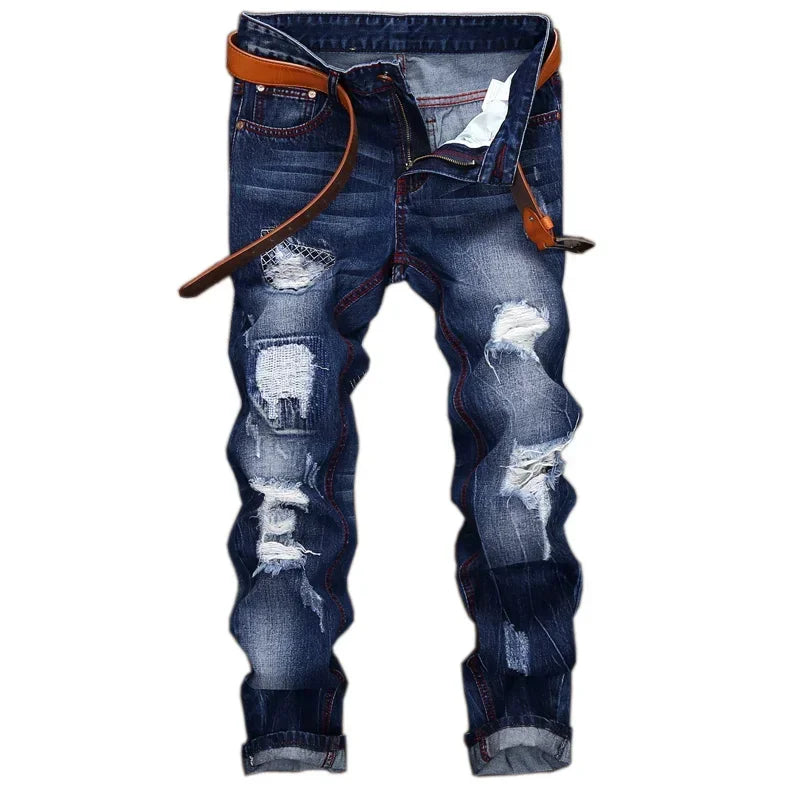 New Men's Ripped Vintage Jeans Straight Denim Trousers Male Distressed Personalized Motorcycle High Street Spliced Jeans Pants