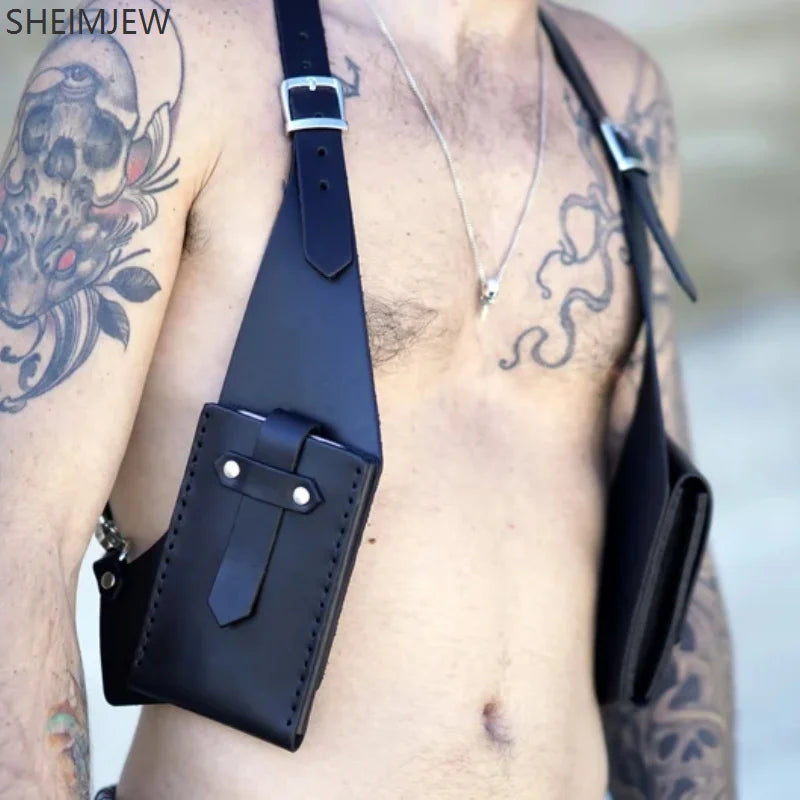 Fashion Double Shoulder Straps Multi-pocket Men Outdoor Anti-theft Chest Bag Medieval Leather Multi-function Crossbody Bag Walle