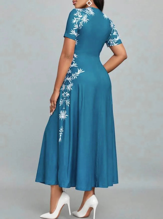 Fashion High Waist Printed Dress Elegant round Neck Women's Dress Stylish Cross-Border New Model from Europe And America