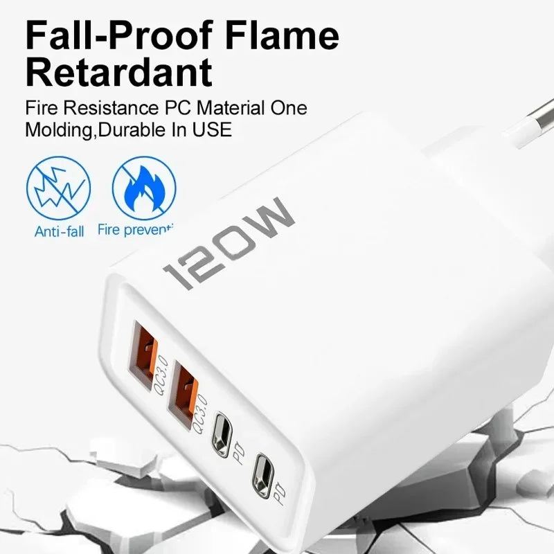 New 120W 4 Port USB Type C Charger Fast Charging Data Cable USB Phone Charger Adapter For Samsung iPhone Huawei Wall Charger