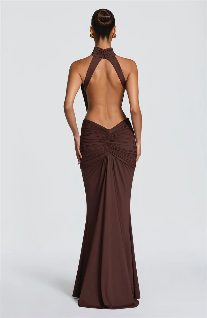 Mozision Turtleneck Backless Sexy Maxi Dress Women Gown Elegant Off-shoulder Sleeveless Ruched Bodycon Club Party Long Dress