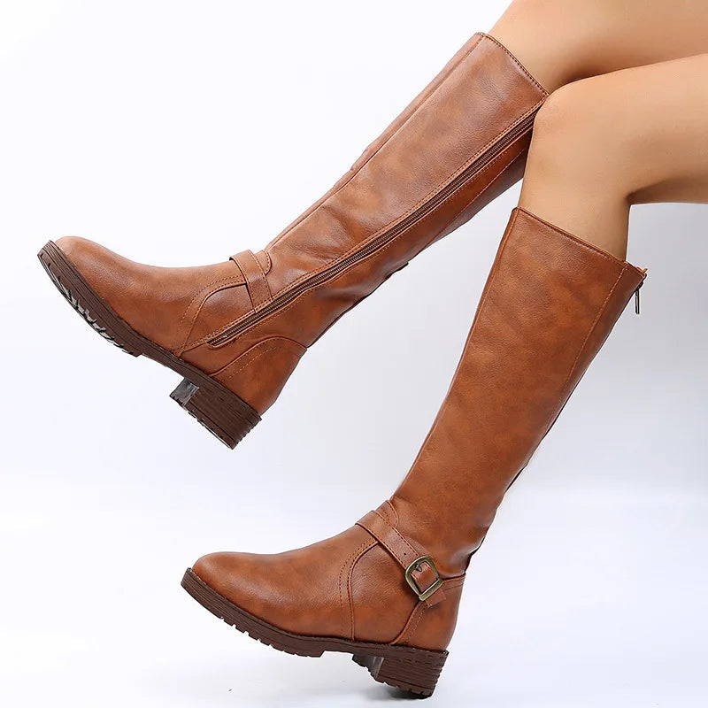 Women Knee High Boots Platform Long Boots Low Heels Round Toe Shoes New Zip Brown High Boot Vintage Pu Leather Women Boots 2025