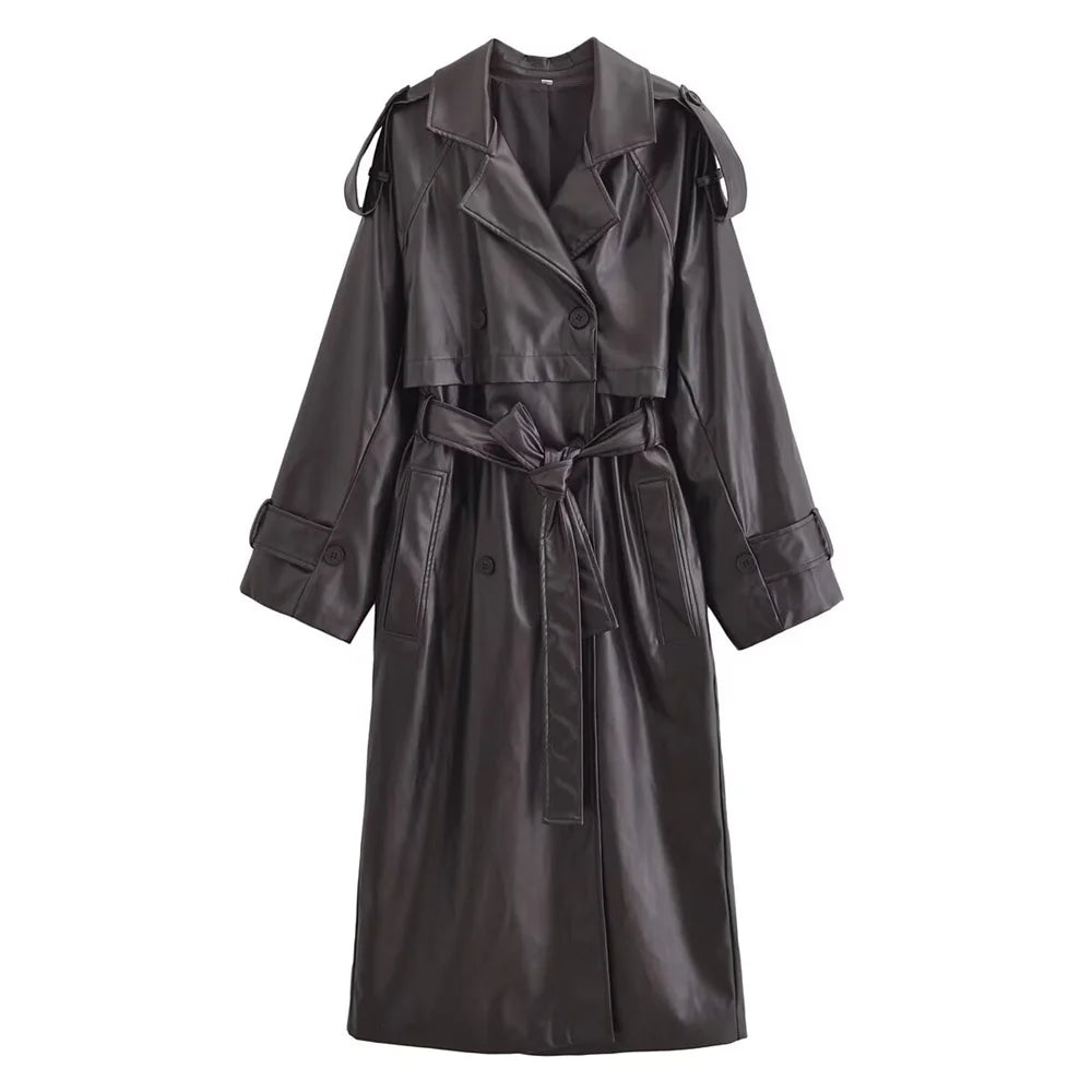 autumn new European and American style commuting lapel with belt faux leather loose long windbreaker jacket