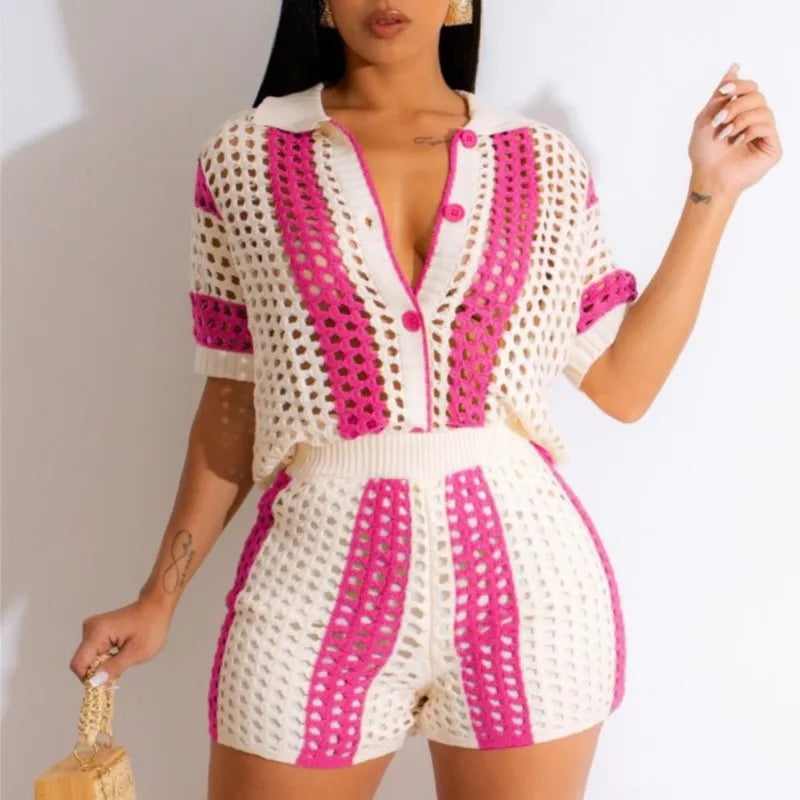 Women's Two Pieces Set Knit Ribbed Crochet Patchwork Outfits Short Sleeve Shirt Sweater Short Suit  Two Set Outfit Tracksuit