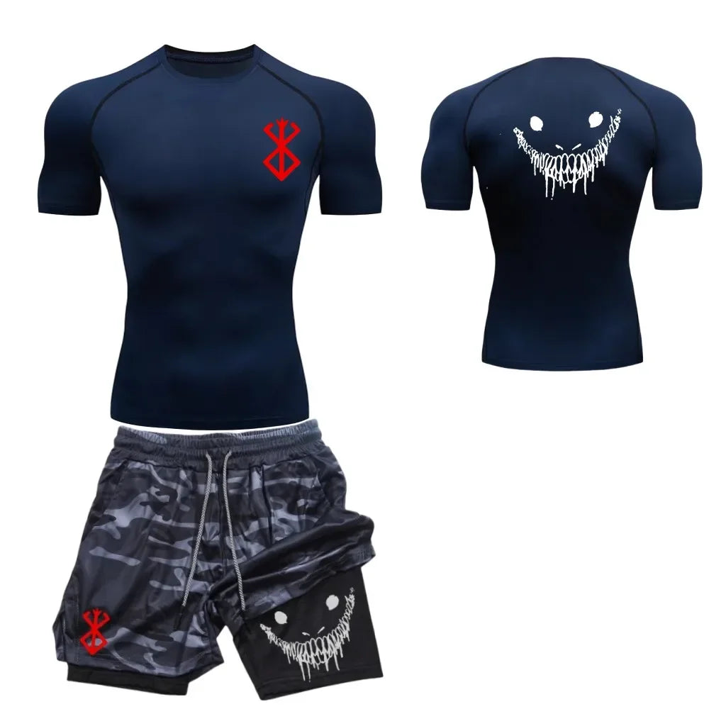 Men's fashionable casual fitness set, gym quick drying sportswear, shorts+shirt, 2-piece set, running, training, summer