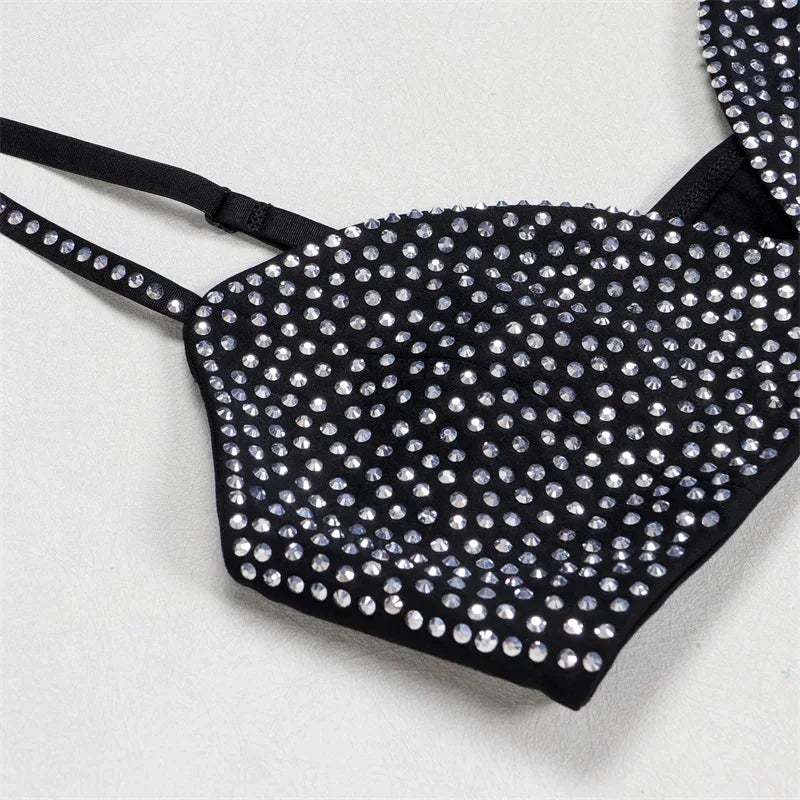 Sparkly Diamonds 3 Piece Short Sets Woman Outfits Rhinestones Luxury Cropped Jacket Top and Bra and Shorts Set Clubwear
