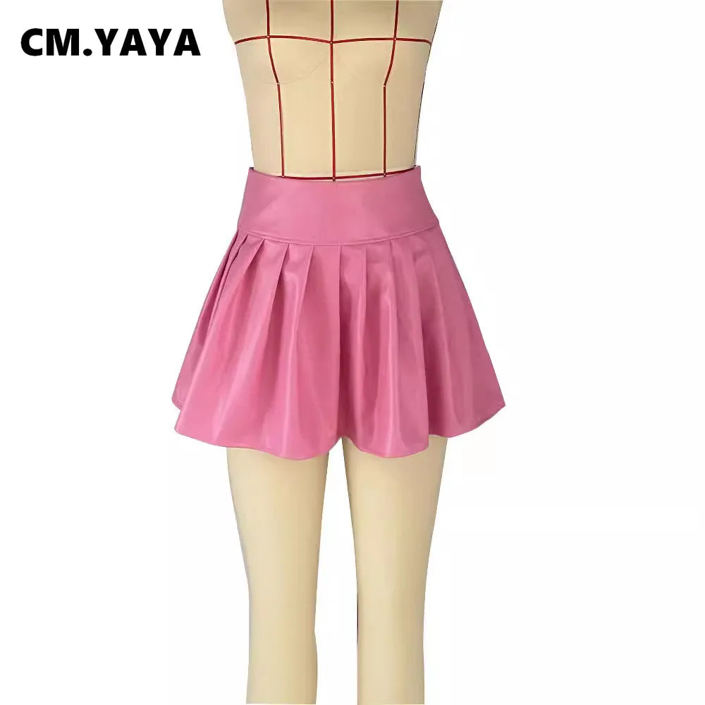 CM.YAYA Summer Women PU Leather Sexy Pleated Mini Skirt Street Sute Girl Holiday basic Zipper Night Party Club Skirts