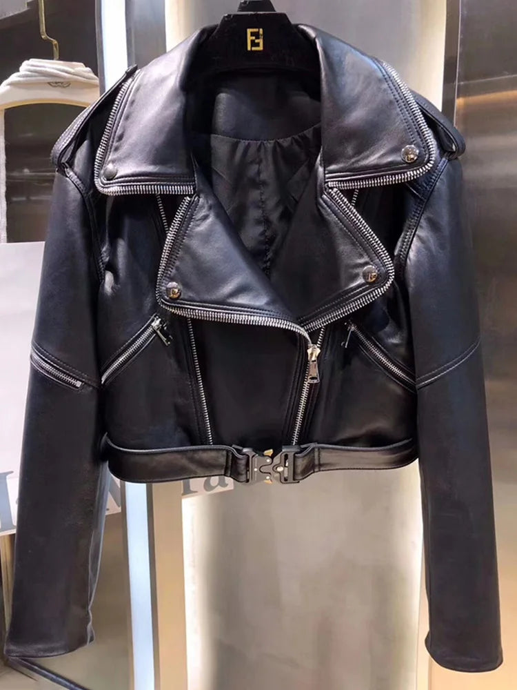 Lautaro Autumn Short Green Soft Faux Leather Biker Jacket Women Long Sleeve Zipper Belt Designer European and American Fashion