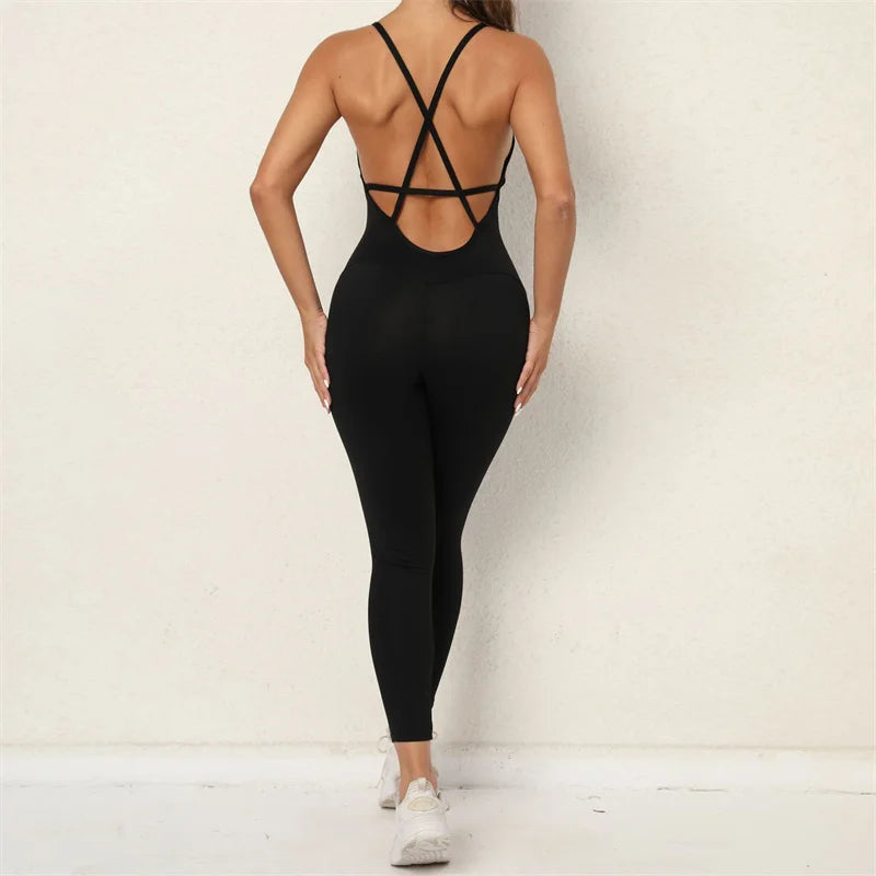 SVEIC Rückenfreier Sport-Jumpsuit Yogahosen-Set Fitness Einteiliger weicher Nylon-Bodysuit Trainingskleidung Fitnessstudio Activewear Strumpfhosen Damen