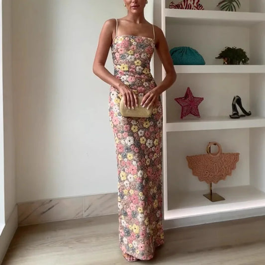 Summ Women Flowers Sequin Patchwork Slim Party Long Dress Strapless Fashion Maxi Dress, Sexy Sleeveless Ladies Dress Vestidos