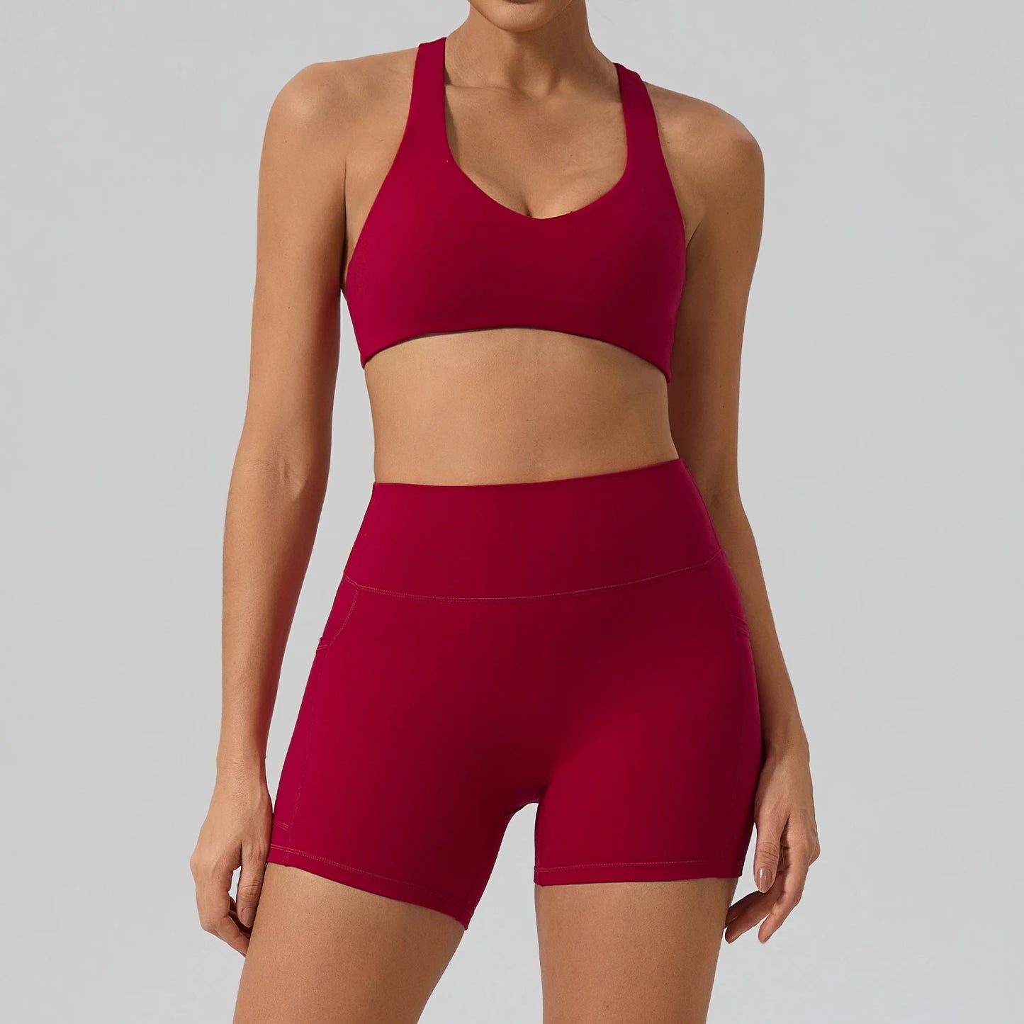 Hearuisavy Fitness Set 2Pcs Women Gym Sports Bra Running Sports Shorts With Pockets High Impact Breathable Racerback Yoga Tops