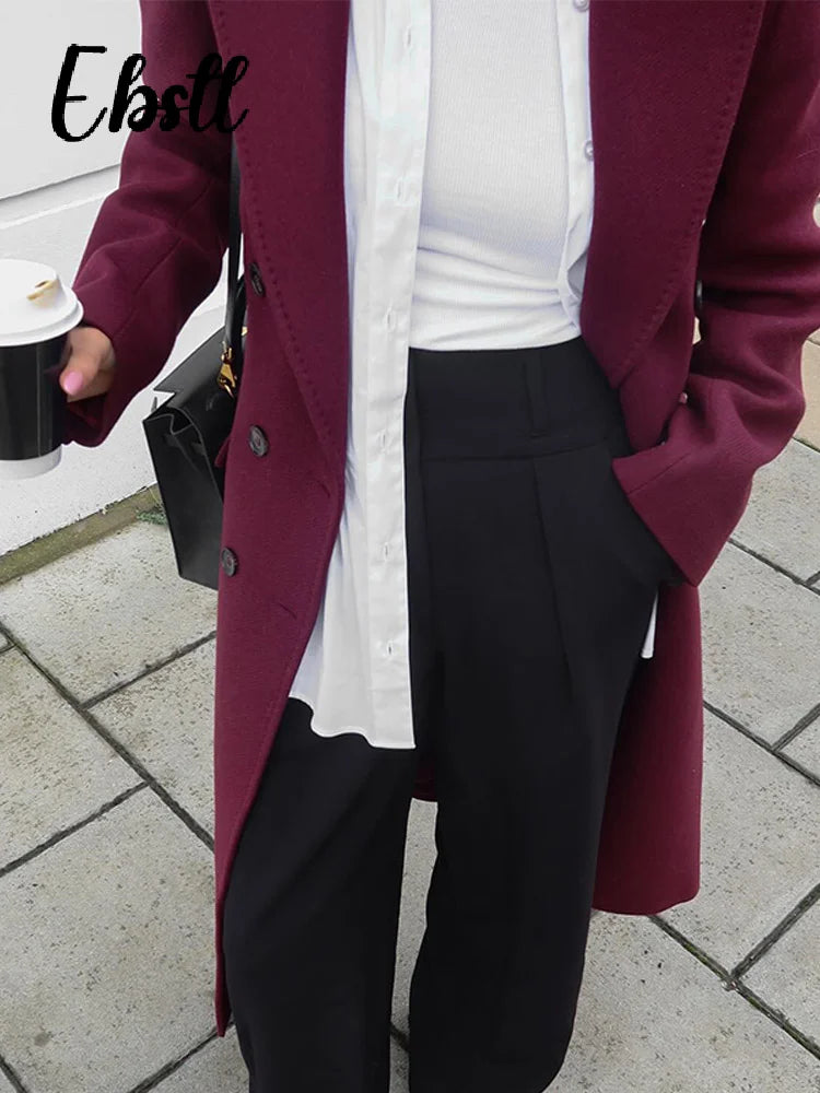 Wine Red Woolen Coats With Scarf Women Elegant Full Sleeve Double Breasted Long Overcoat 2025 Autumn Winter New Lady Streetwear