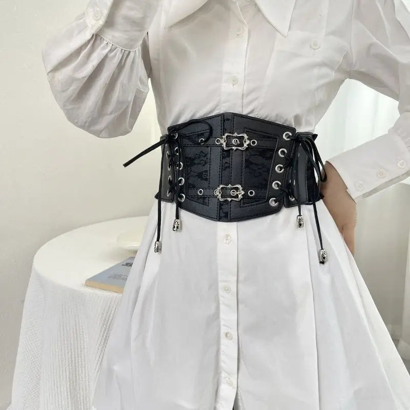 European and American retro black lace lace leather waist seal, women's decoration is fashionable, wearing elastic corset, wide