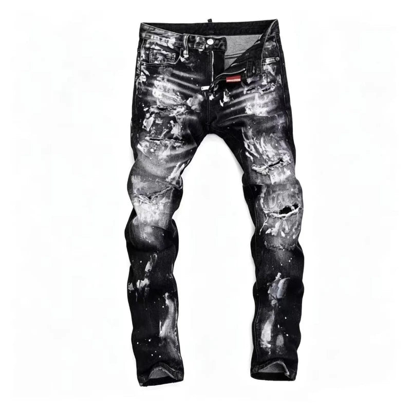 Men's Black Paint Splatter Distressed Jeans  High Stretch Ripped Slim Fit Streetwear Denim Pants Punk Graffiti Style Trousers