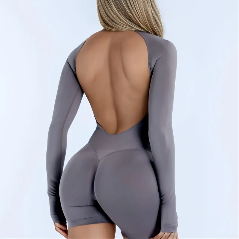 Gym Bodysuit Long Sleeve One Piece Women Hollow Back Bodycon Yoga Fitness Slim Fit Running Workout Backless Sports Jumpsuit