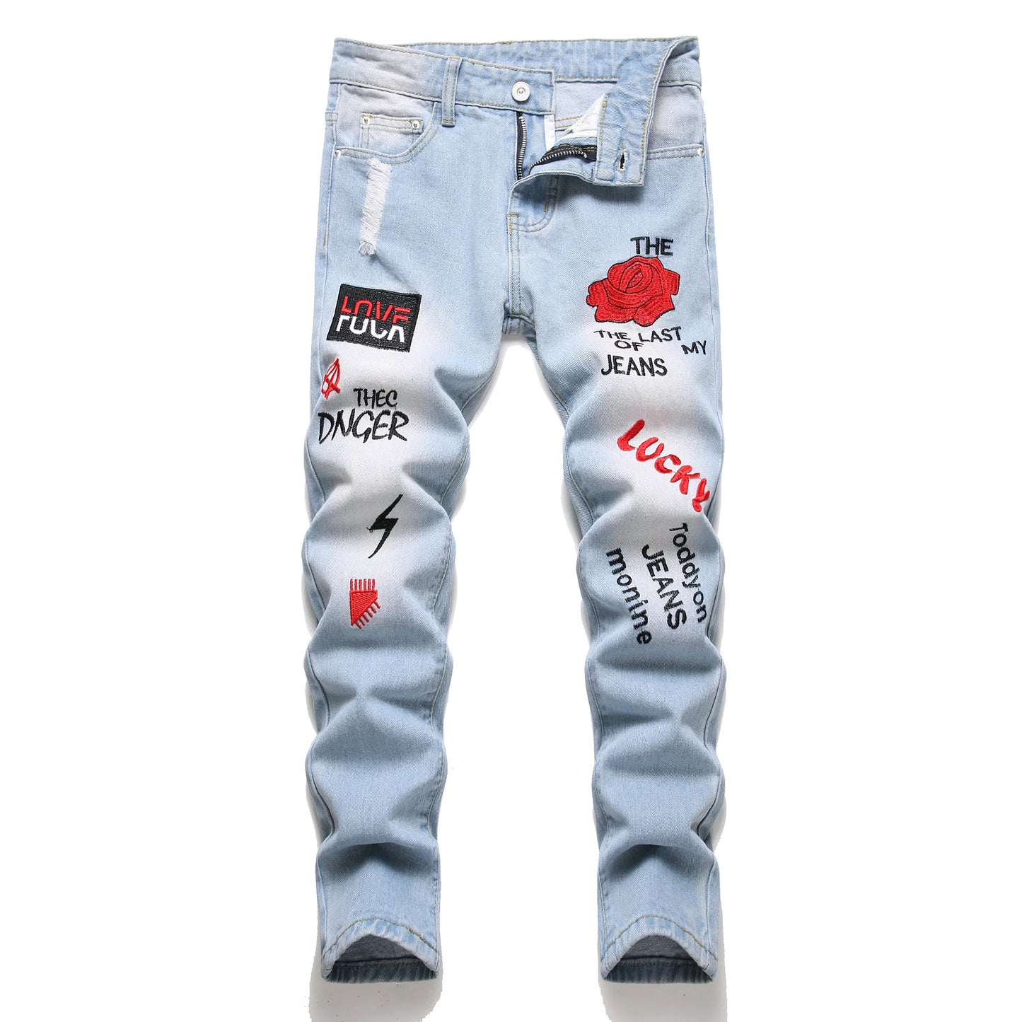 Boys' Cartoon Straight-leg Ripped Jeans Children Washed Non-stretch Denim Trousers Big Kids Casual Pants