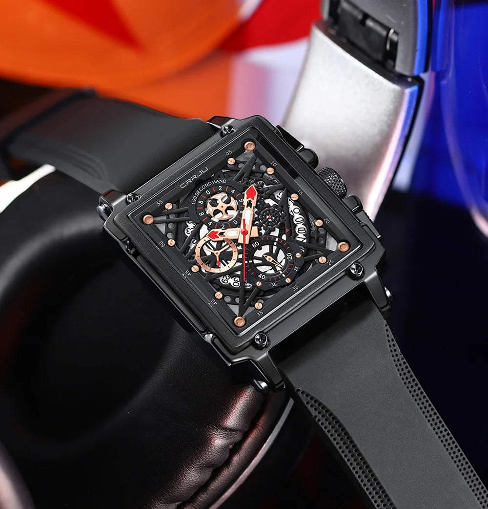 CRRJU Modische Sportuhren mit großem Zifferblatt, einzigartiges rechteckiges, hohles Design, Quarz-Armbanduhren mit Chronograph, automatisches Datum