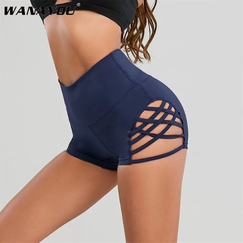 WANAYOU Hohe Taille Bedruckte Enge Yoga-Shorts Mit Seitlichem Kreuz Große Hohle Sexy Fitness Pole Dance Sport-Shorts