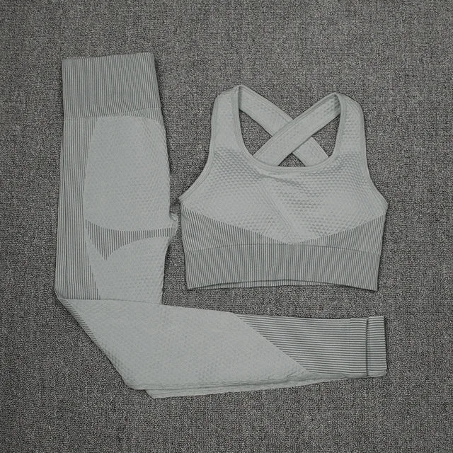 New  Spring Autumn Set Reticulate Stretch Fitness Seamless  Sportswear Suit For Women