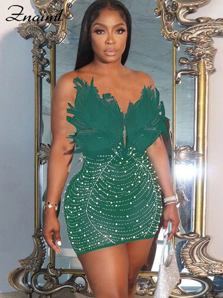Znaiml Sexy Federn Strass Rückenfrei Diamant Transparent Mesh Bodycon Kleider für Frau Rave Club Geburtstag Party Nacht Vestidos