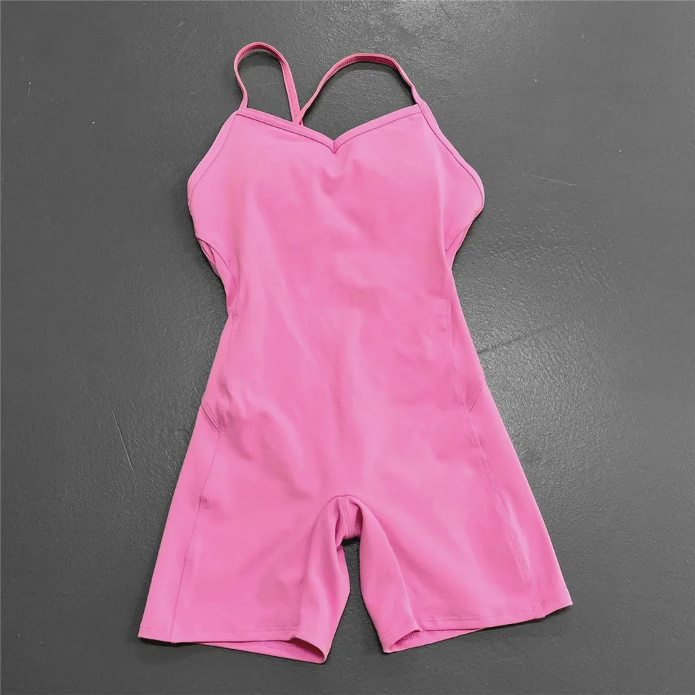 Rückenfreier Sportanzug für Damen, 2023, Lycra, Fitness-Overall, einteiliger Overall, Shorts, Sport-Outfit, Fitnessstudio, Trainingskleidung für Damen, Sportbekleidung