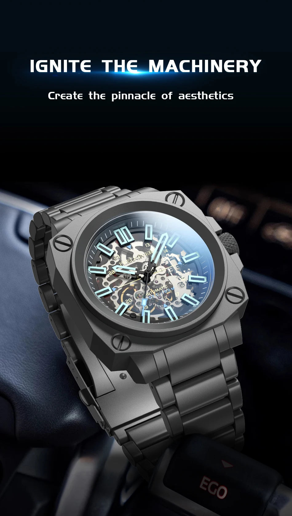 FeelNever Kreative Herrenuhr mit Automatikwerk, ausgehöhlt, modisch, lässig, sportlich, Militär, Leder, wasserdicht, mechanische Uhr + Box