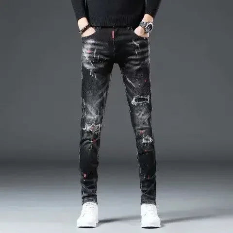 Trousers Ripped Torn Patch Man Cowboy Pants Slim Fit with Holes Men's Jeans Tight Pipe Skinny Broken 2025 Korean Autumn Goth Xs