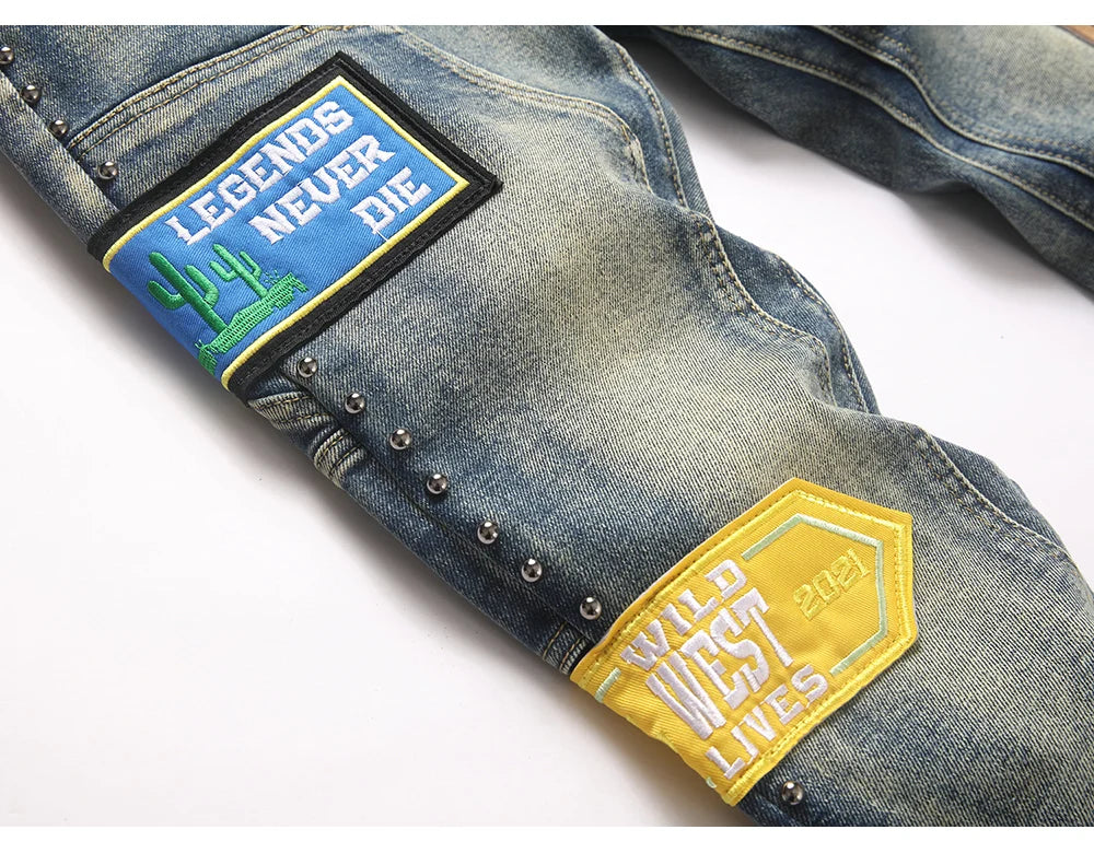 Men's Badge Patch Boot Cut Jeans Rivet Vintage Retro Blue Stretch Denim Pants Streetwear Slim Flared Trousers