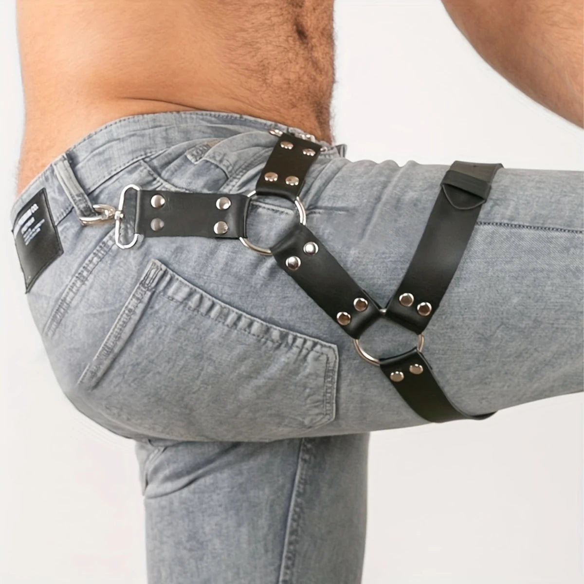 Men Punk Gothic Black PU Leather Waist‑Thigh Body Harness, Adjustable Straps Decor Accessory for Rave Festival Halloween Club
