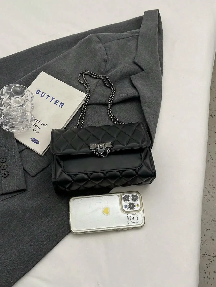 1 simple and stylish diamond grid crossbody bag, metal chain shoulder bag, suitable for women's daily leisure use-ll