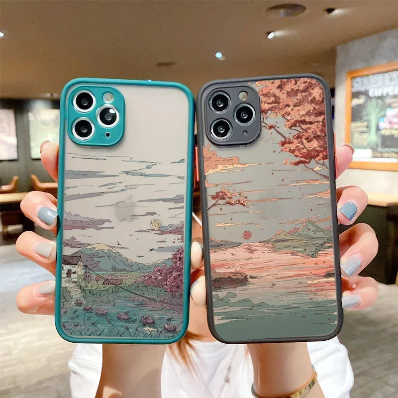 Japan Anime Landscape Phone Case For iPhone 16 15 11 13 12 14 Pro Max Mini 7 8 Plus SE 16E Scenery Hard Matte Cover Fundas Skin