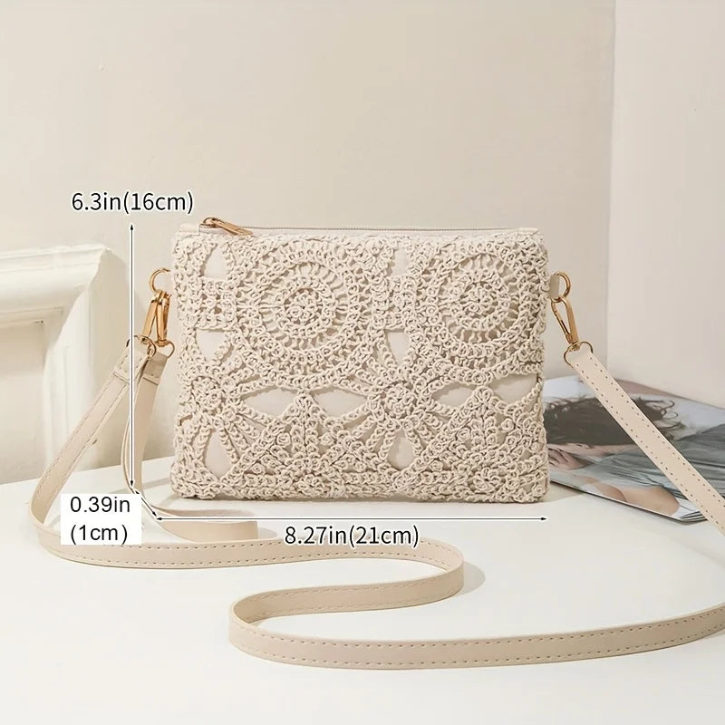 Korean Versatile Crossbody Crochet Bag, New Straw Woven Bag, Zipper Closure, Retro Casual Beach Flower Women's Bags